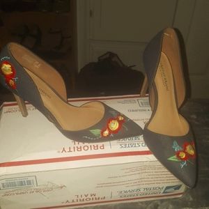 Christian Siriano Denim Floral Embroidery Heels